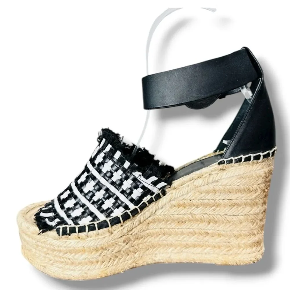 Marc Fisher Andrew Espadrille Wedge Sandals Black White Woven Platform Sz 6 Euro
